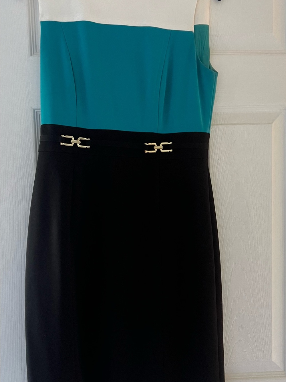 Tahari Teal, White & Black Sleeveless Sheath Dress with Gold Accents - Picture 1 of 4
